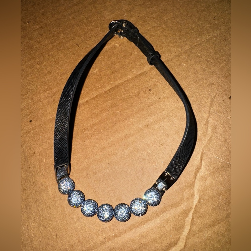 Henri Bendel rocks choker necklace in silver, black leather, light blue stones